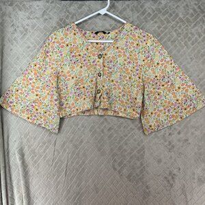 Nuon Blouse Women L Colorful Ditsy Floral Cropped Button Up Bell Sleeve Coquette